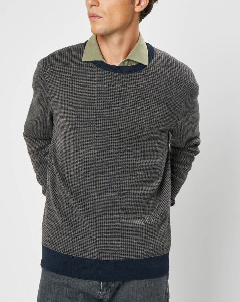 Pull 100% Laine imprimé pied-de-poule marron/bleu marine