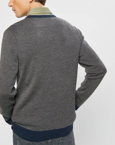 Pull 100% Laine imprimé pied-de-poule marron/bleu marine
