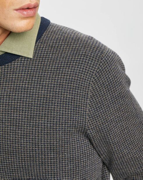Pull 100% Laine imprimé pied-de-poule marron/bleu marine