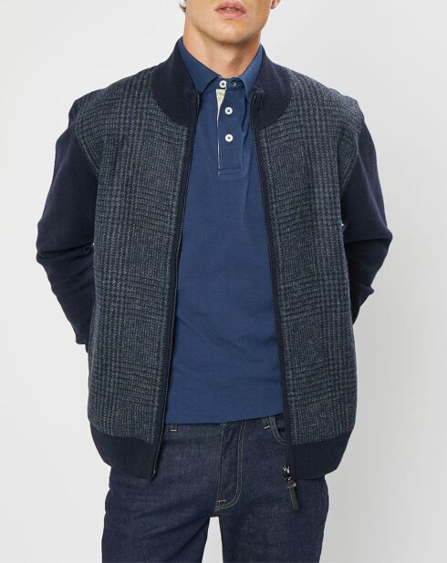 Blouson 100% Laine Tricot imprimé Prince de Galles bleu marine