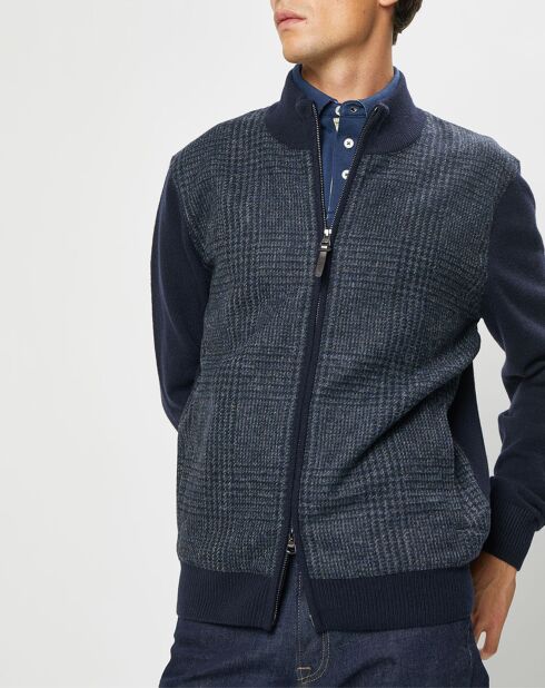 Blouson 100% Laine Tricot imprimé Prince de Galles bleu marine
