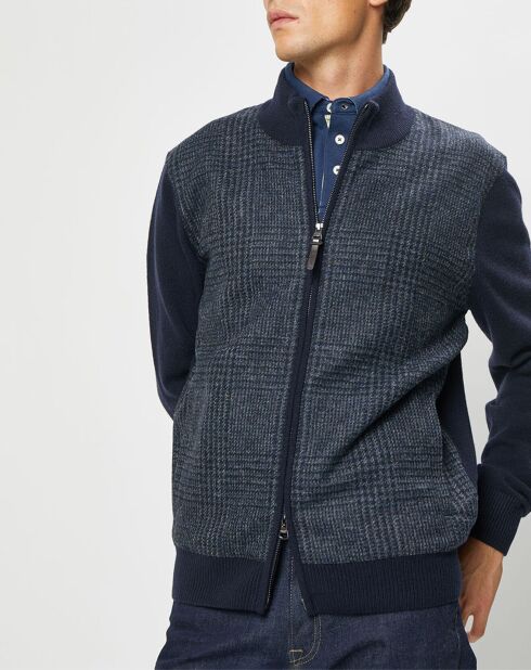 Blouson 100% Laine Tricot imprimé Prince de Galles bleu marine