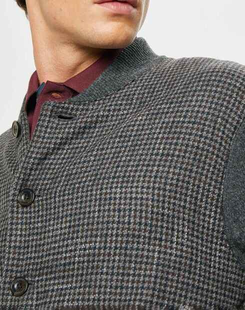 Blouson 100% Laine Tricot imprimé pied-de-poule gris/marron