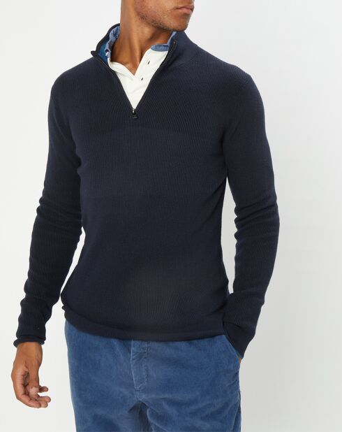 Pull en Coton & Cachemire 1/2 zip Cah Rib bleu marine