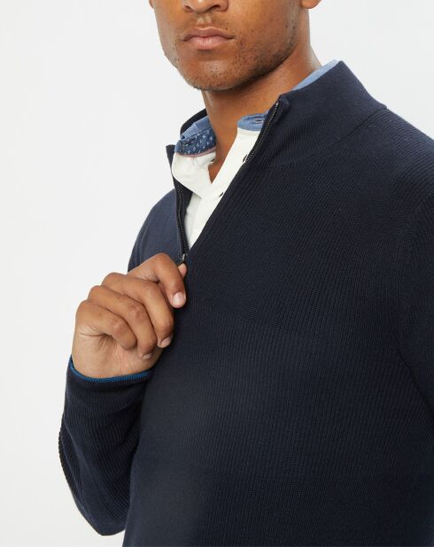Pull en Coton & Cachemire 1/2 zip Cah Rib bleu marine