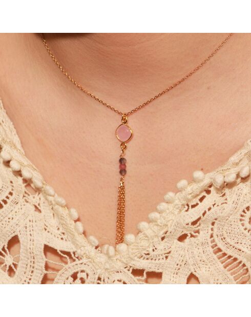 Collier Pompon en Laiton doré & Quartz Rose