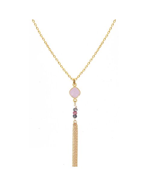 Collier Pompon en Laiton doré & Quartz Rose