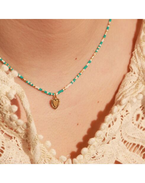 Collier Miyuki Coeur en Laiton doré & Turquoise