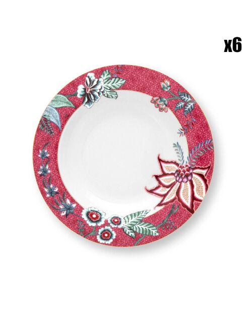 6 Assiettes creuses en Porcelaine Flower Festival  roses - D.22 cm