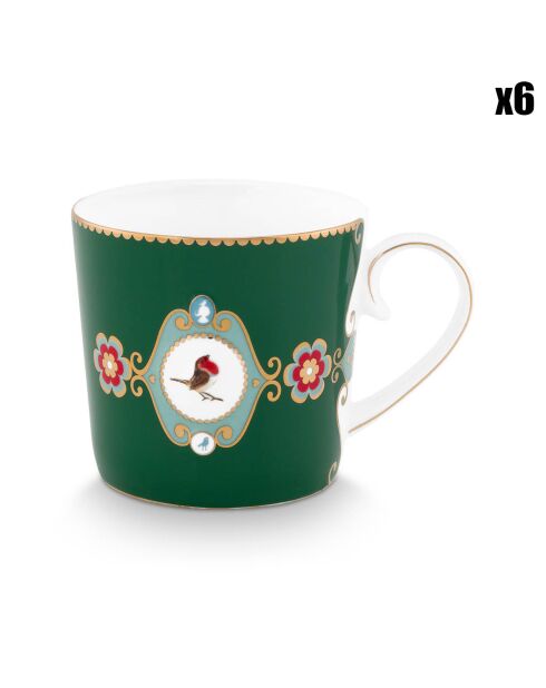 6 große Love Birds Green Medaillon Porzellantassen — 8,5 x 12 x 8,2 cm