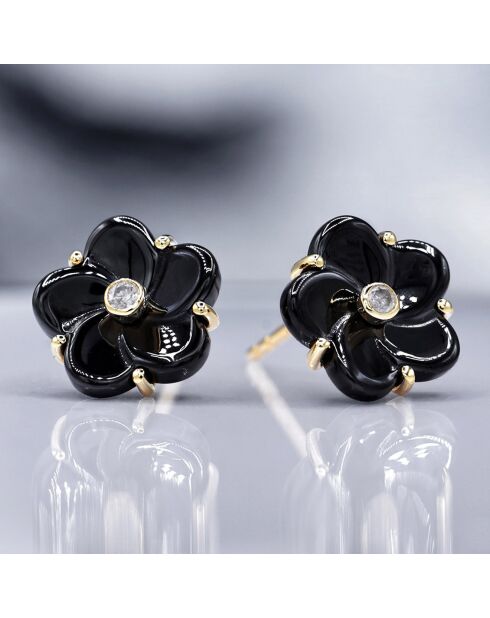 Boucles d'oreilles Fleur Noire Diamants 0.042 ct & Céramique or jaune