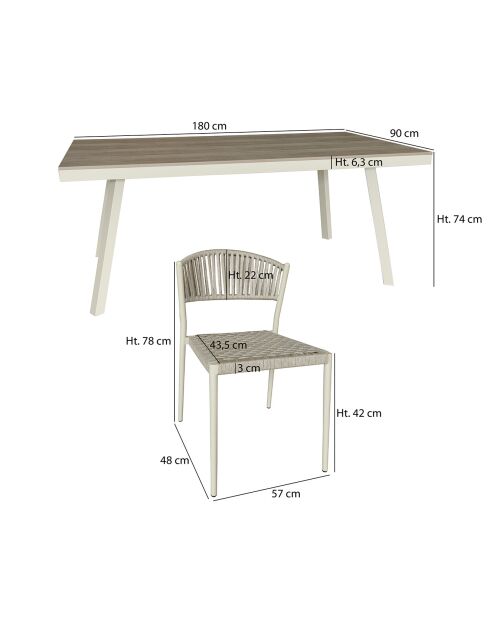 Ensemble table en aluminium et 6 chaises en corde Figari taupe