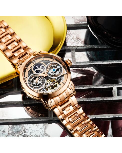 Montre, Luciano 371B Automatique Squelette 46mm Rose Acier inoxydable Bracelet