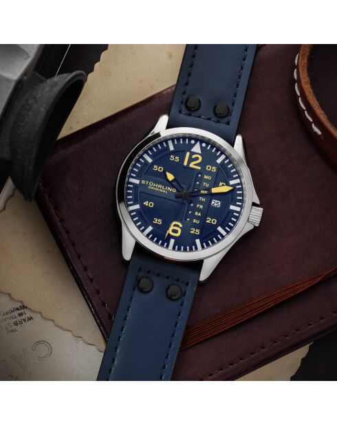 Uhr, Aeronaut 3916 Quartz 43mm Aviator. Blaues Lederarmband