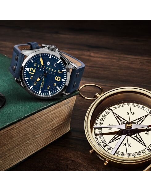 Uhr, Aeronaut 3916 Quartz 43mm Aviator. Blaues Lederarmband