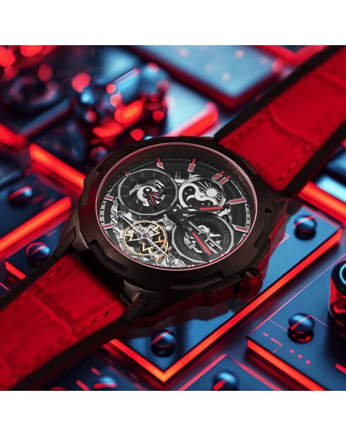 Montre, Navigator Automatique Double Fuseau Squelette 46mm Rouge/Noir Cuir Bracelet