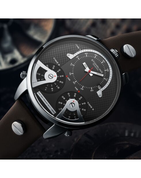 Montre, TerraTime Quartz Triple Fuseau Horaire 50mm Brun Cuir Bracelet