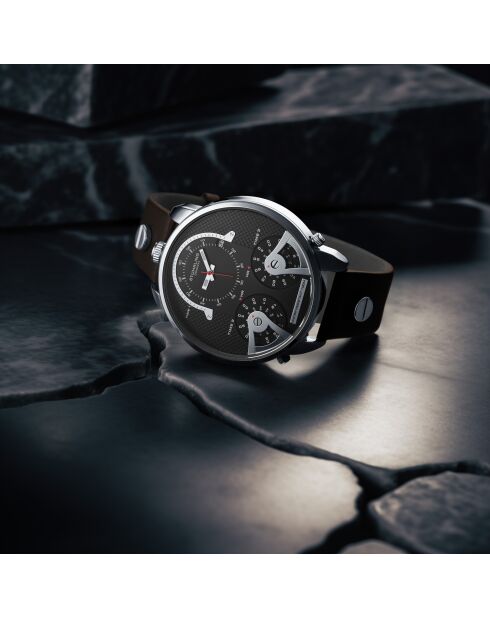 Montre, TerraTime Quartz Triple Fuseau Horaire 50mm Brun Cuir Bracelet