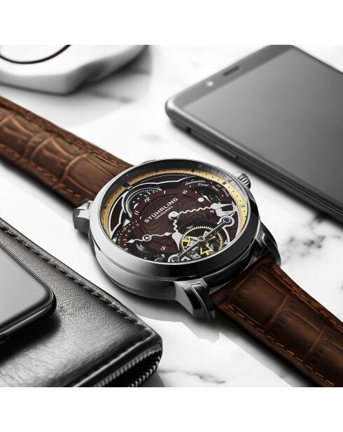 Montre, Gardien du Temps Céleste 1017 Double Fuseau Horaire Automatique 44mm Montre Squelette Brun Cuir Bracelet