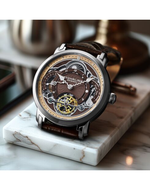 Montre, Gardien du Temps Céleste 1017 Double Fuseau Horaire Automatique 44mm Montre Squelette Brun Cuir Bracelet