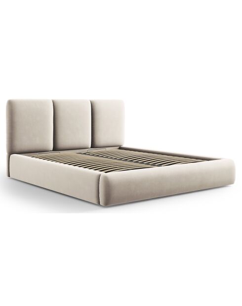 Lit Coffre en Velours Avec Tête de Lit Nicolas beige clair  -  220x160x100 cm