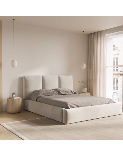 Lit Coffre en Velours Avec Tête de Lit Nicolas beige clair  -  220x160x100 cm