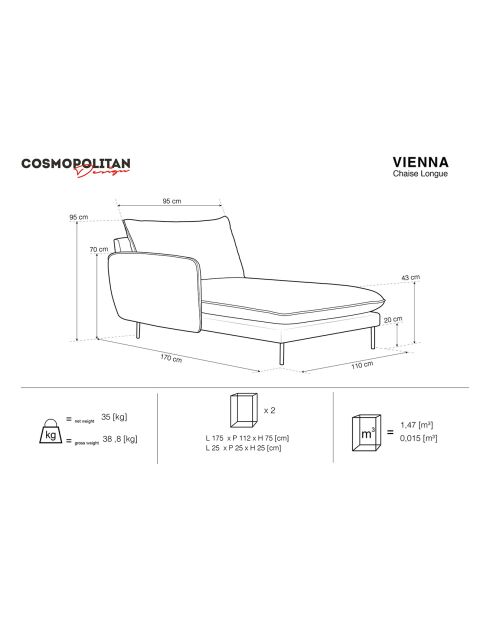Méridienne en Velours Gauche Vienna beige clair  -  170x110x95 cm