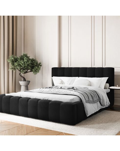 Lit Coffre en Velours Avec Tête de Lit Ludivine noir  -  230x205x94 cm