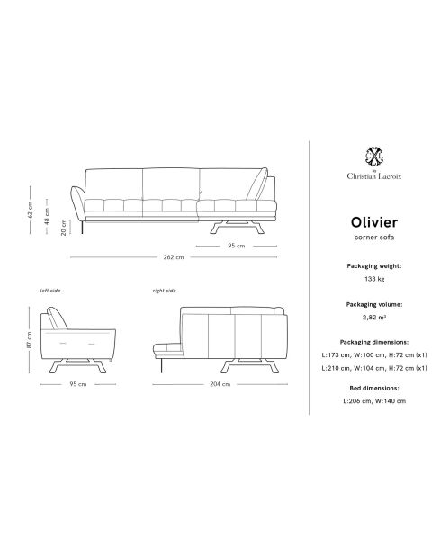 Canapé D'Angle Droit Modulaire Olivier 5 Places gris foncé  -  262x204x87 cm
