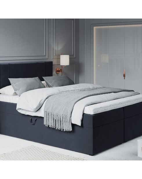 Tête de lit + Sommier Coffre/ Matelas + Surmatelas Afra bleu foncé  -  200x160x125 cm