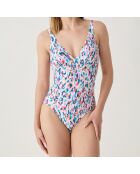 Maillot de bain 1 pièce triangle moulé Amazonie blanc/bleu/rose