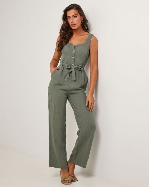 Carla kaki groene jumpsuit van 100% linnen
