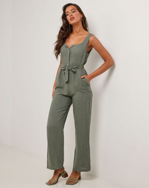 Carla kaki groene jumpsuit van 100% linnen
