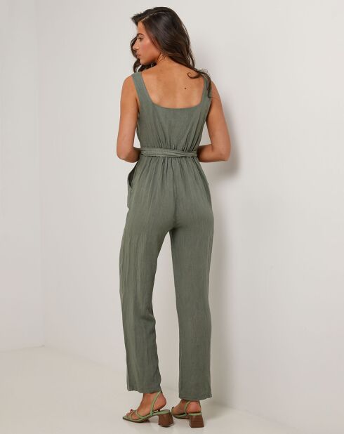 Carla kaki groene jumpsuit van 100% linnen