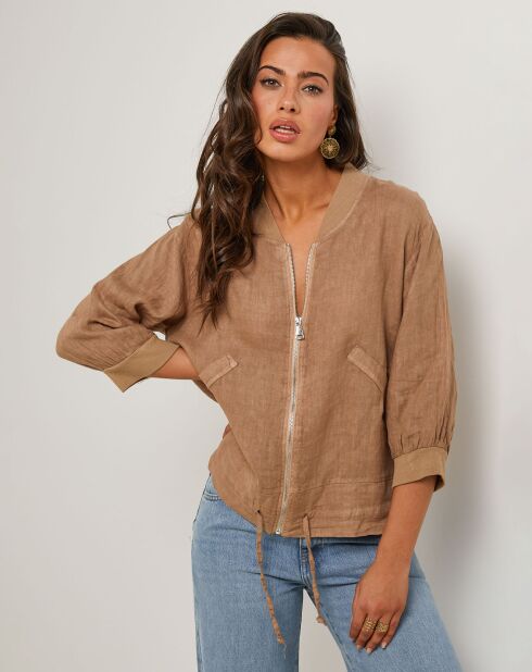 Camelkleurige jas van 100% linnen Louise
