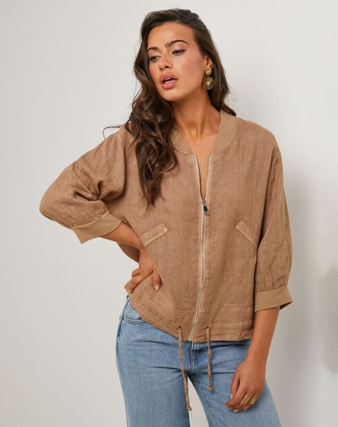 Camelkleurige jas van 100% linnen Louise