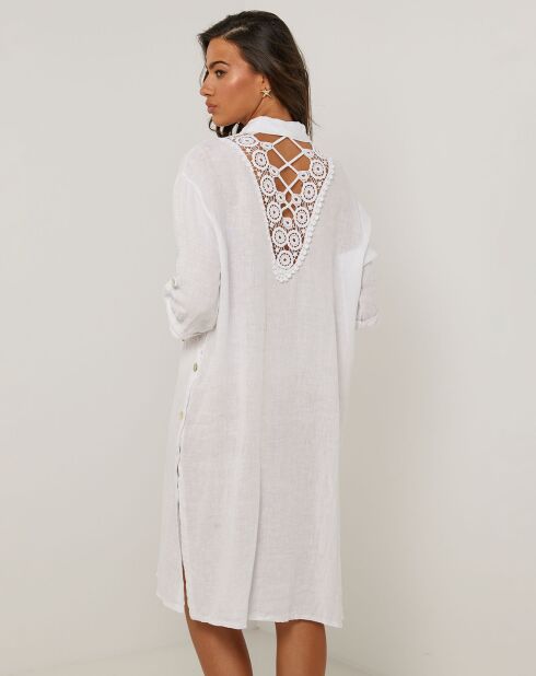 Weißes rotes Hemdkleid aus 100% Leinen