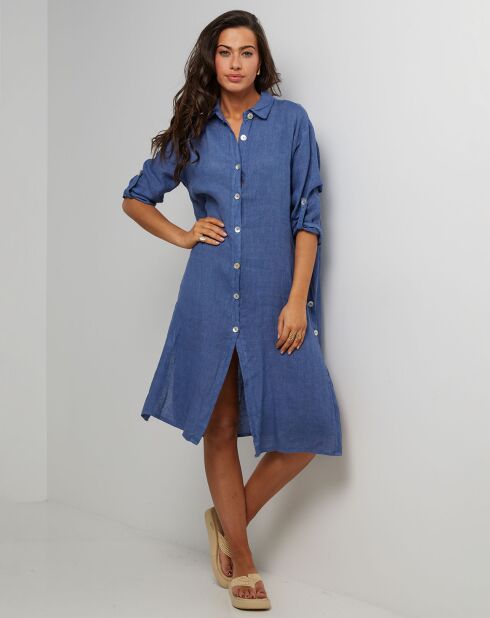 Rozeblauwe jeanshemdjurk van 100% linnen