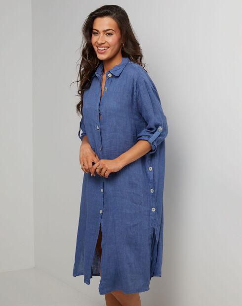 Rozeblauwe jeanshemdjurk van 100% linnen