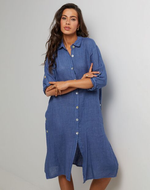 Rozeblauwe jeanshemdjurk van 100% linnen