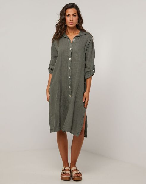 Rosa khakigrünes Hemdkleid aus 100% Leinen