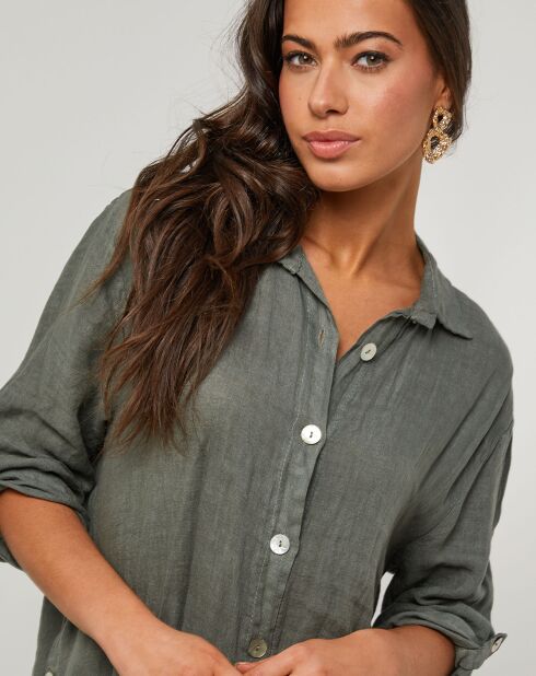 Rosa khakigrünes Hemdkleid aus 100% Leinen