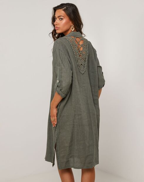 Rosa khakigrünes Hemdkleid aus 100% Leinen