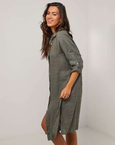 Rosa khakigrünes Hemdkleid aus 100% Leinen