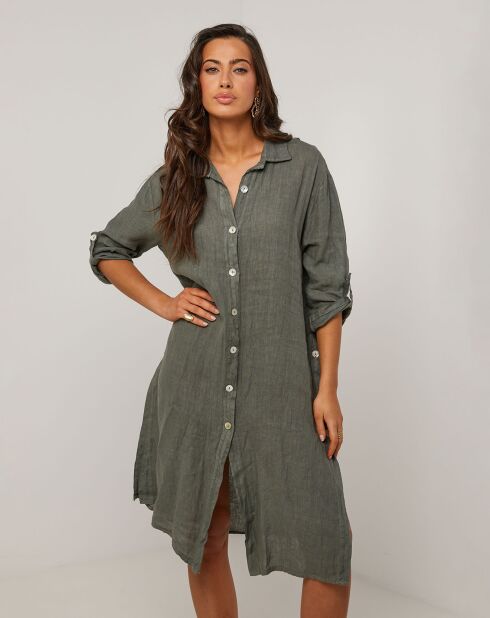 Rosa khakigrünes Hemdkleid aus 100% Leinen