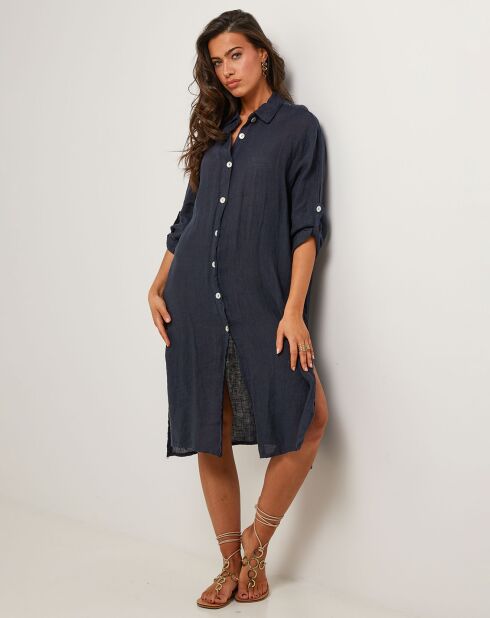 Robe Chemise 100% Lin Rose bleu marine