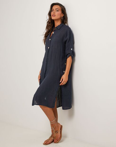 Robe Chemise 100% Lin Rose bleu marine