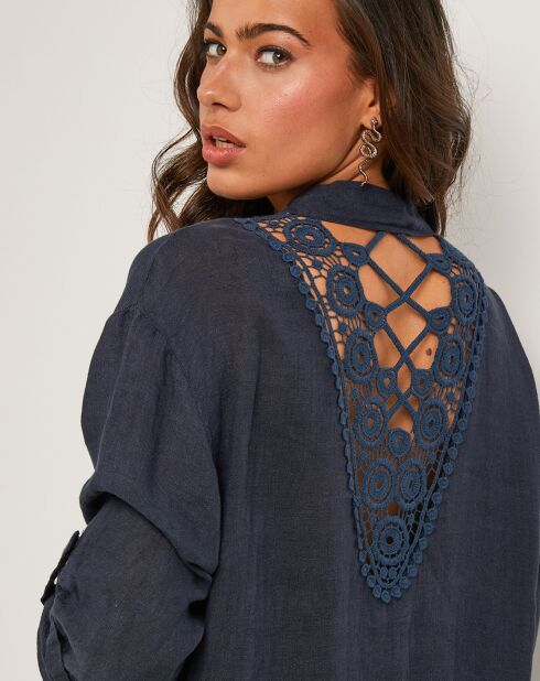 Rotes marineblaues Hemdkleid aus 100% Leinen