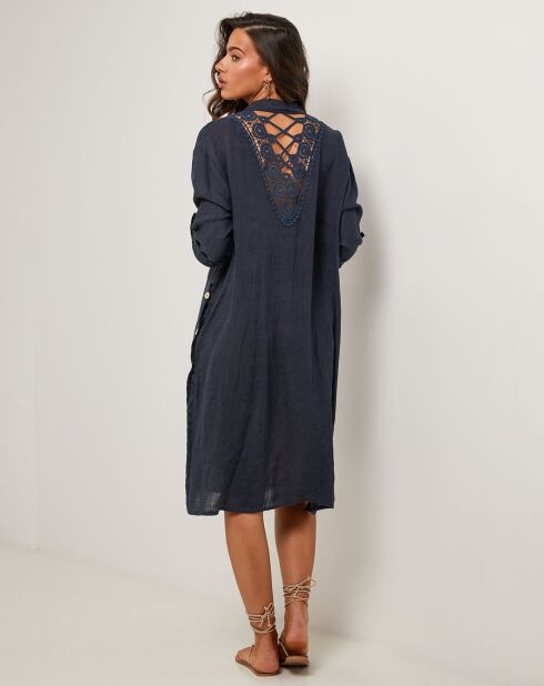 Rotes marineblaues Hemdkleid aus 100% Leinen