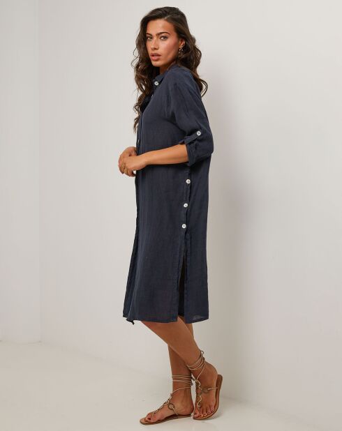 Rotes marineblaues Hemdkleid aus 100% Leinen